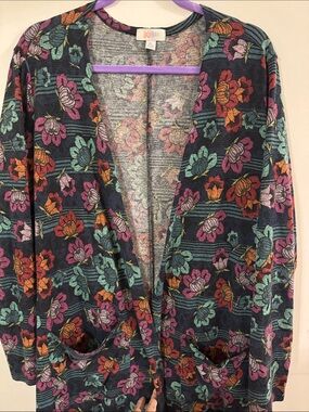 Lularoe,Sarah, Floral Open-Front Cardigan Sweater - Navy with Multi-Color Flower